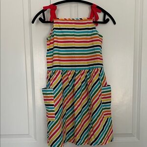 Hanna Andersson Rainbow Striped Kids Dress with Red Bow ties on shoulder